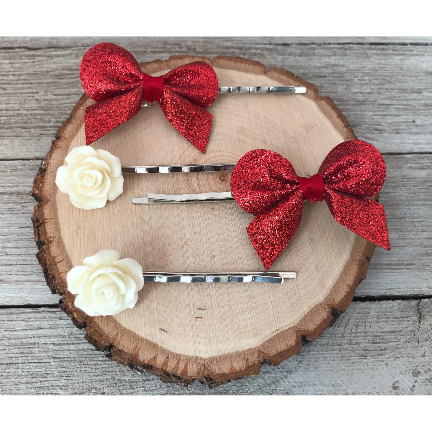 Red Bows and Cream Rose Hair Pin Set