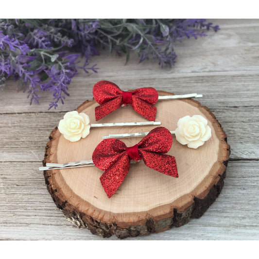 Red Bows and Cream Rose Hair Pin Set