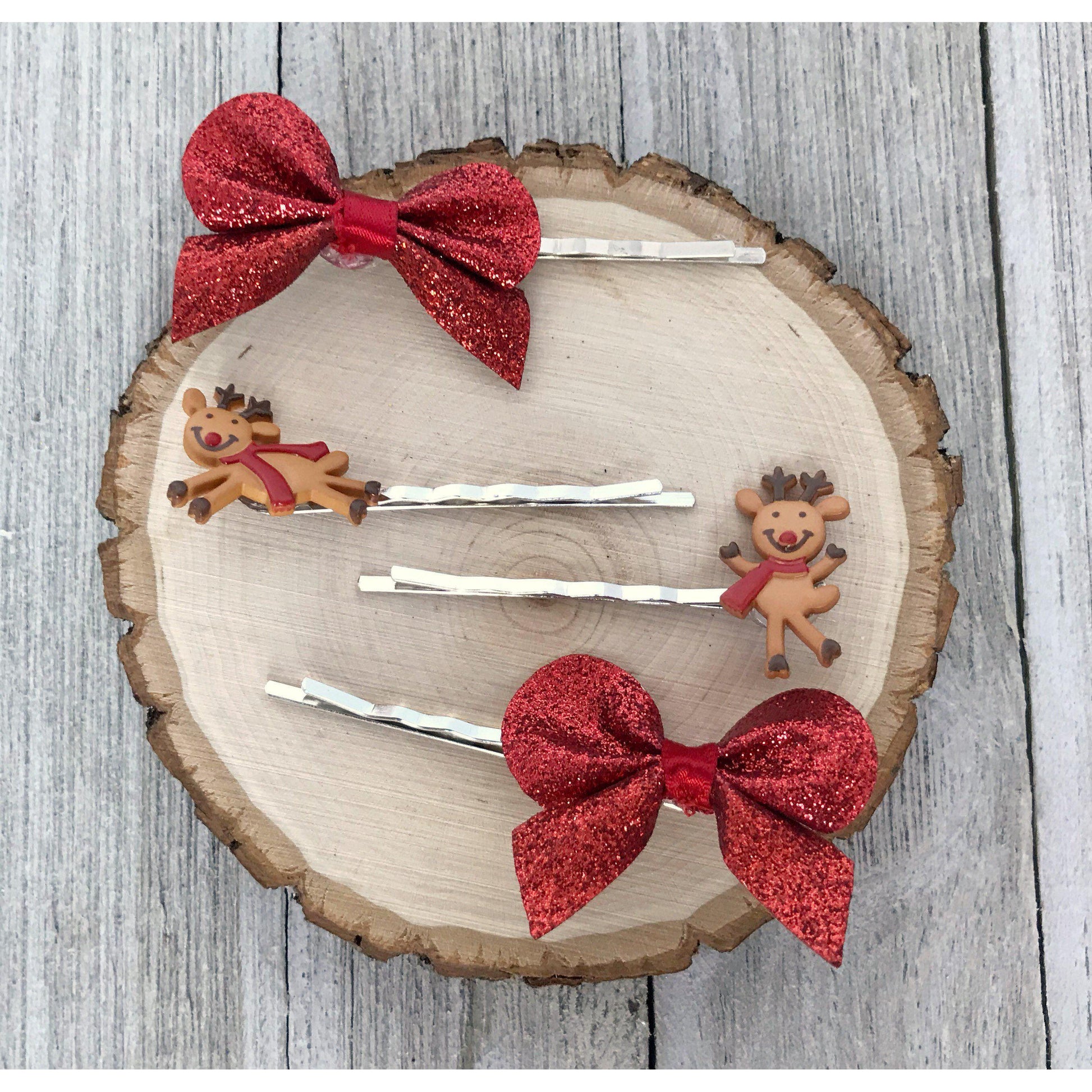Reindeer Christmas Red Bow Hair Pins