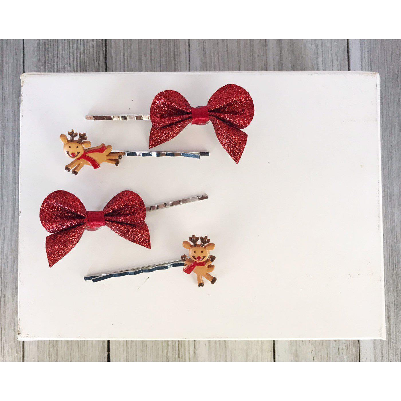 Reindeer Christmas Red Bow Hair Pins