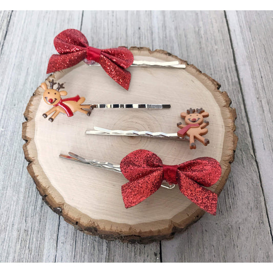 Reindeer Christmas Red Bow Hair Pins