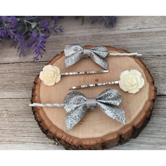 Silver Bow Bobby Pin, Wedding Hair Pins, Womens Hair Pins, Flower Hair Pin, Bridal Hair Accessories