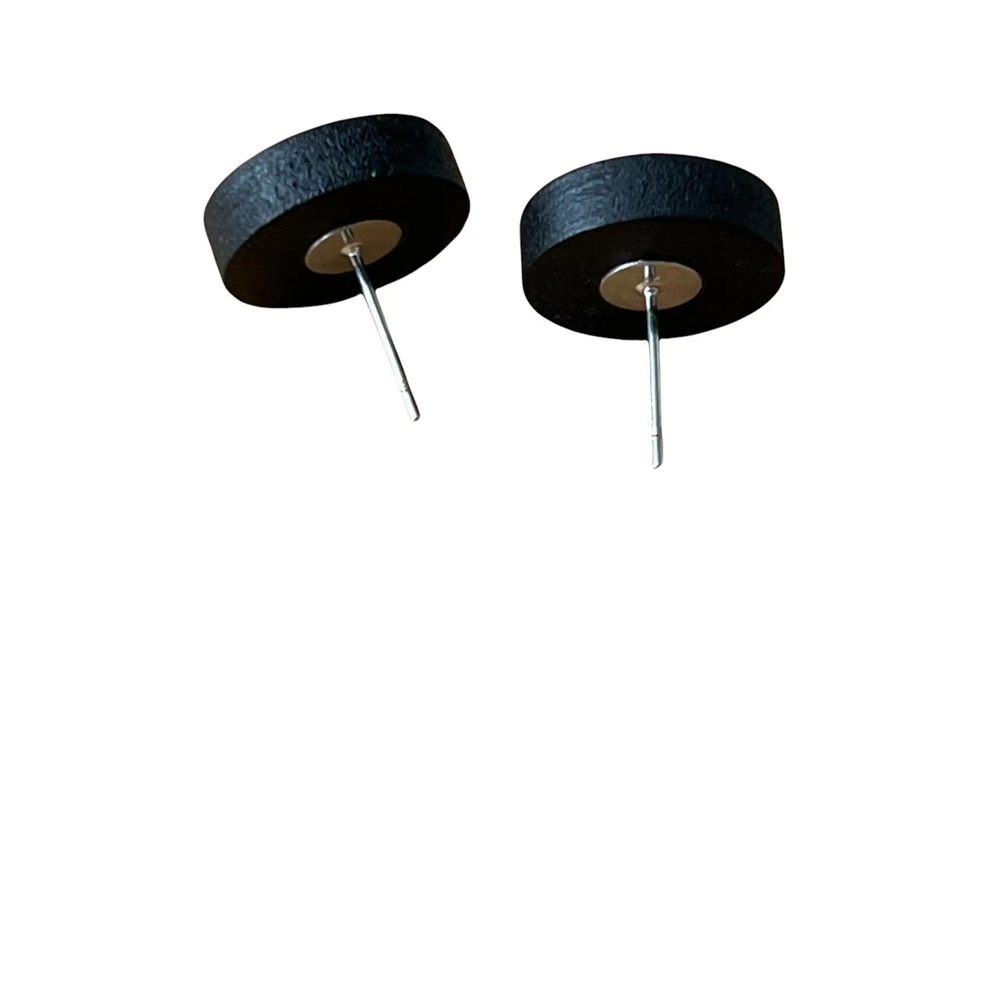 Round black wood stud earrings with glossy teal resin centers showing backside and post details on white background 