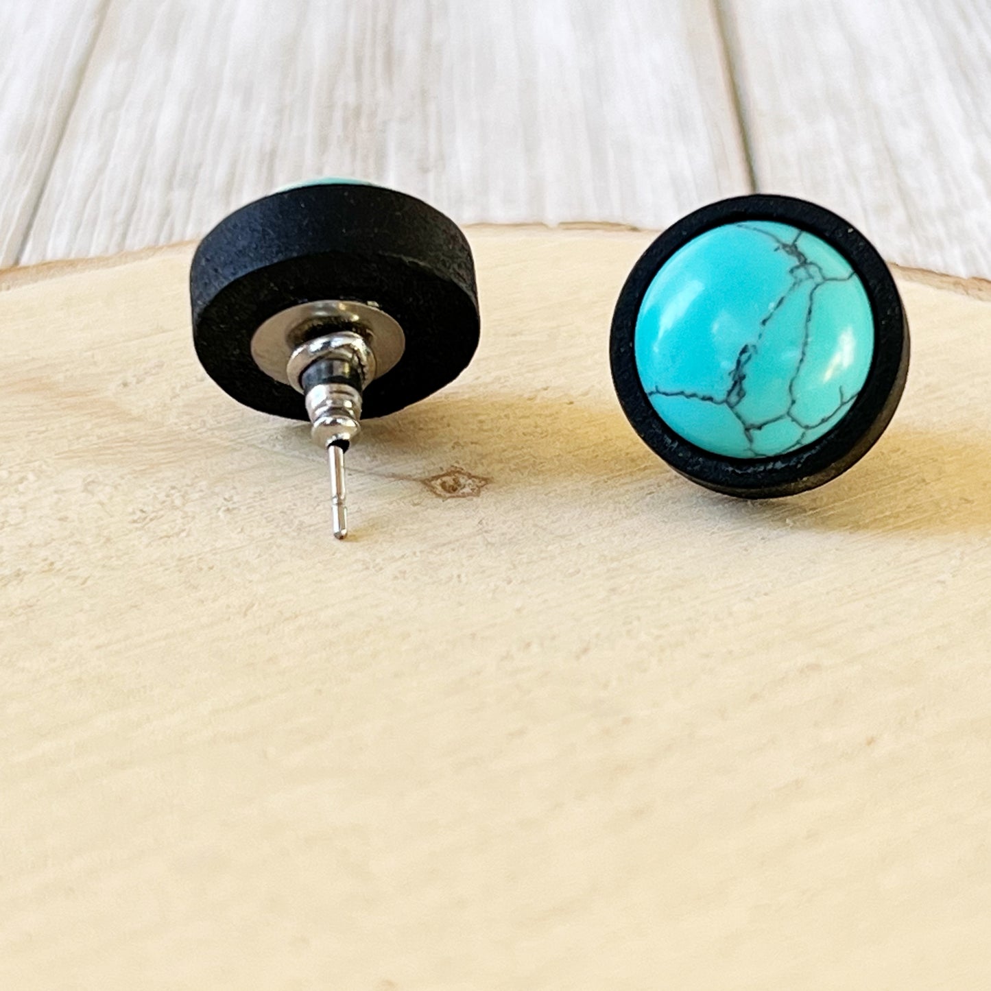 Turquoise Black Wood Stud Earrings - backside 