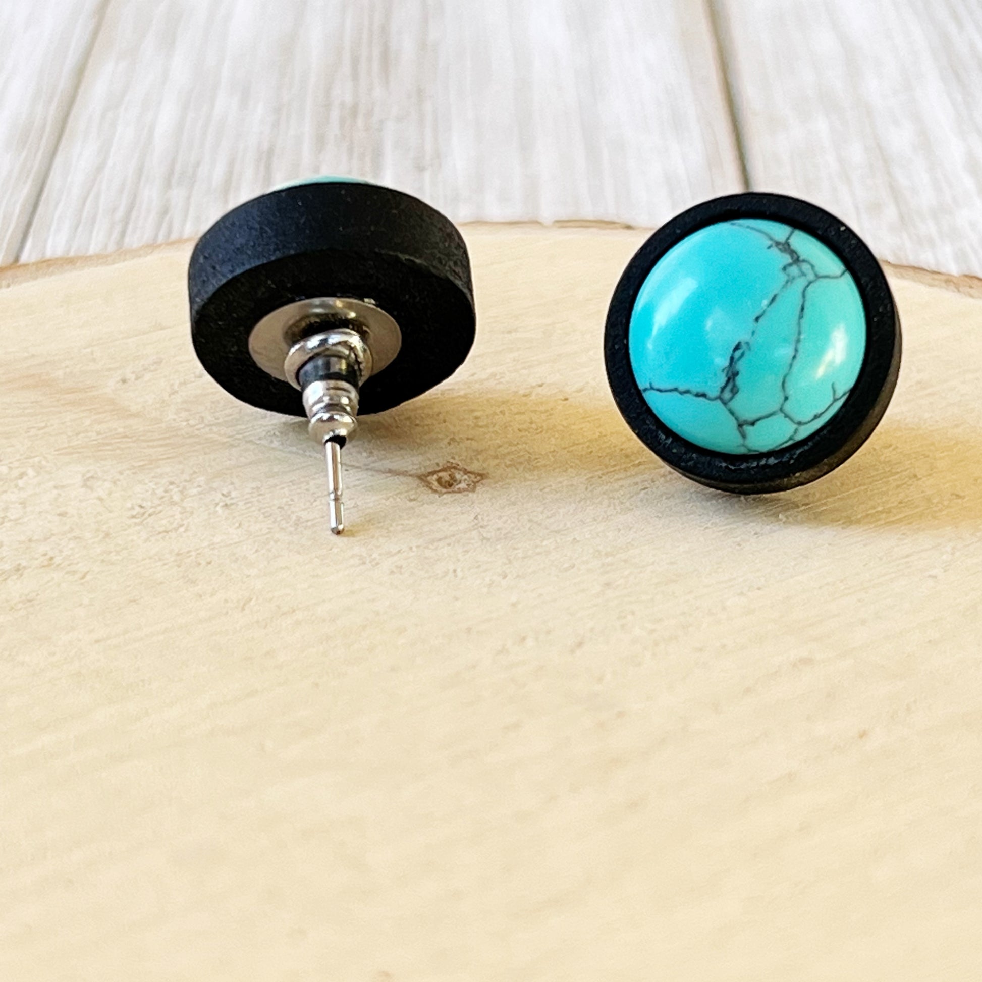 Turquoise Black Wood Stud Earrings - backside 