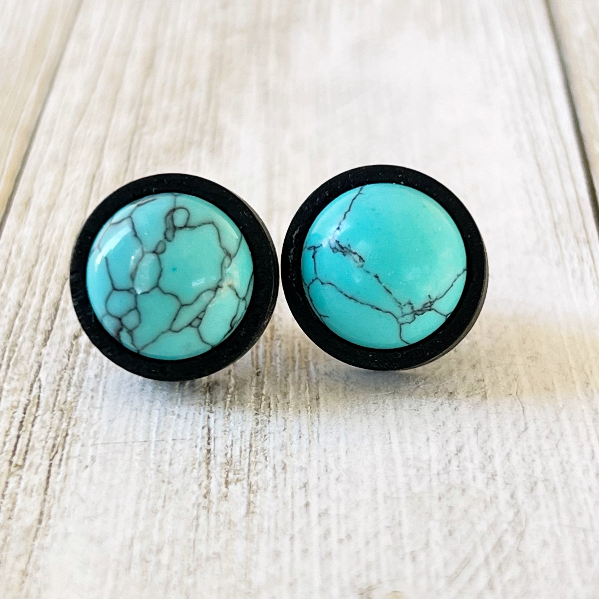Turquoise Black Wood Stud Earrings Close Up view