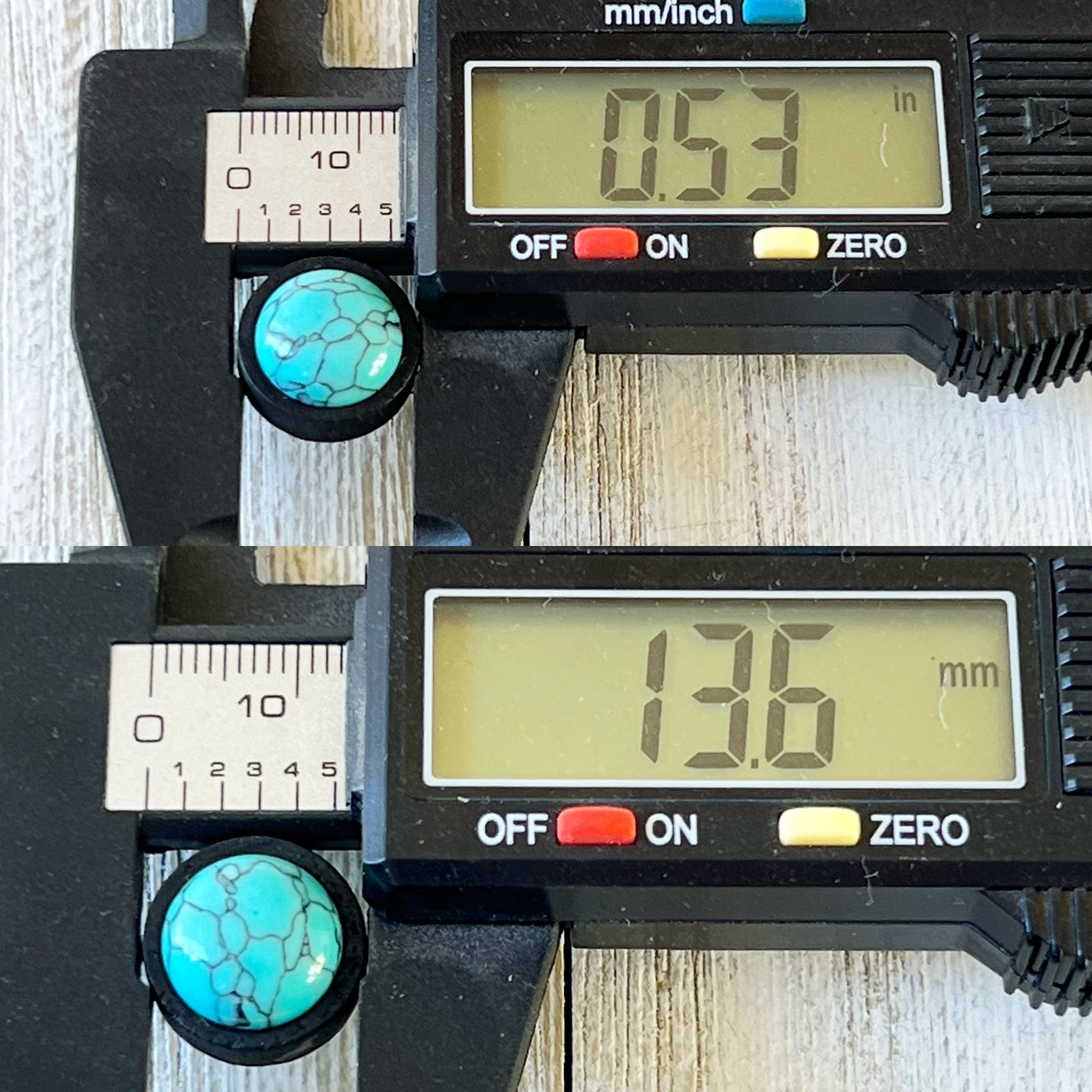 Turquoise Black Wood Stud Earrings with digital measurements 