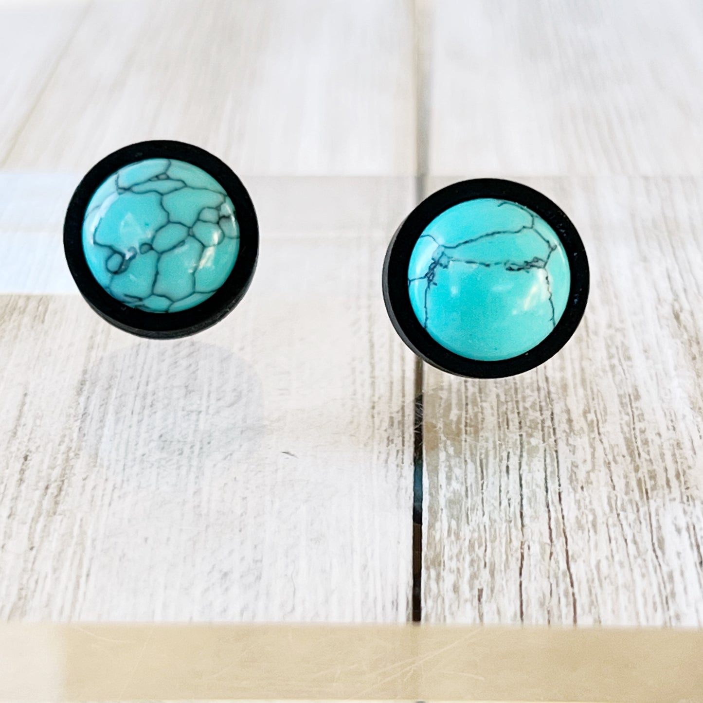 Turquoise Black Wood Stud Earrings top view