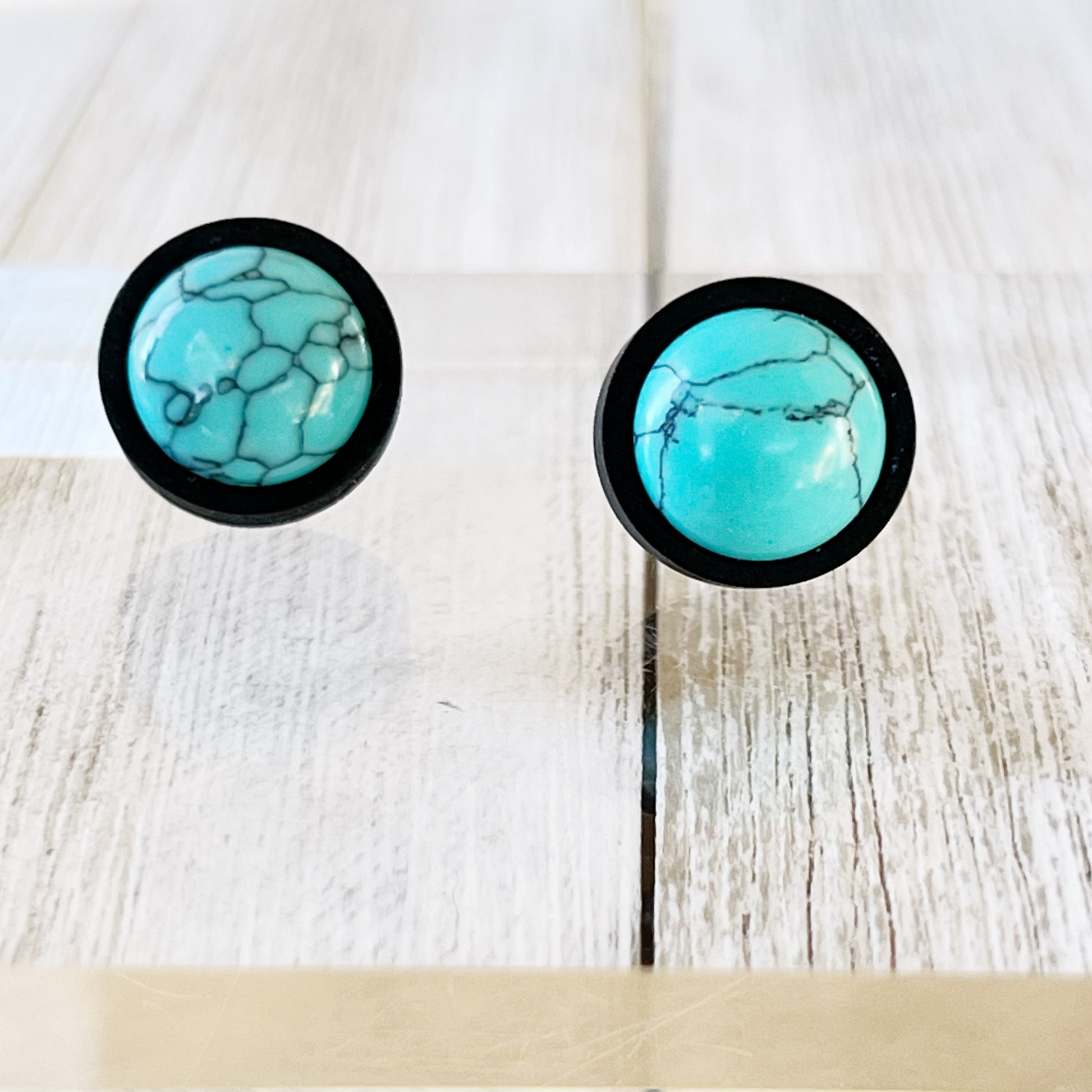Turquoise Black Wood Stud Earrings top view