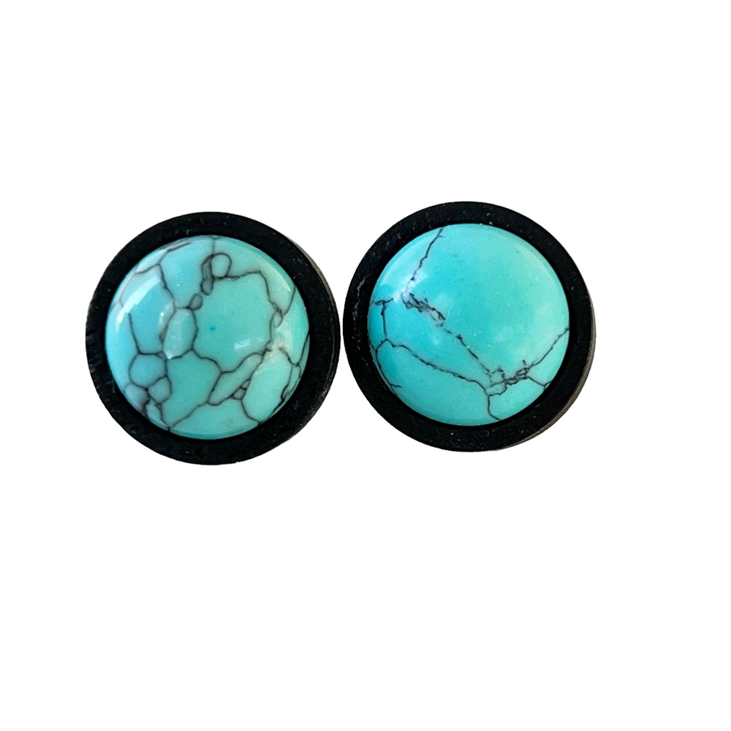 Turquoise Black Wood Stud Earrings on white background 
