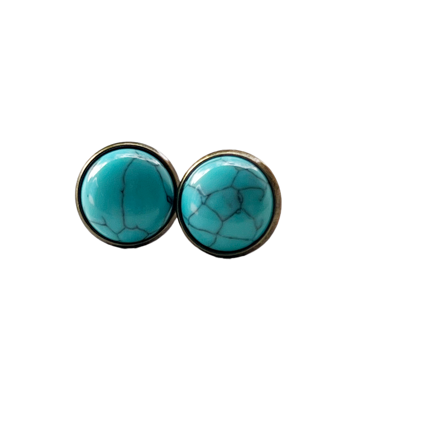 Round turquoise brass stud earrings displayed on a white background