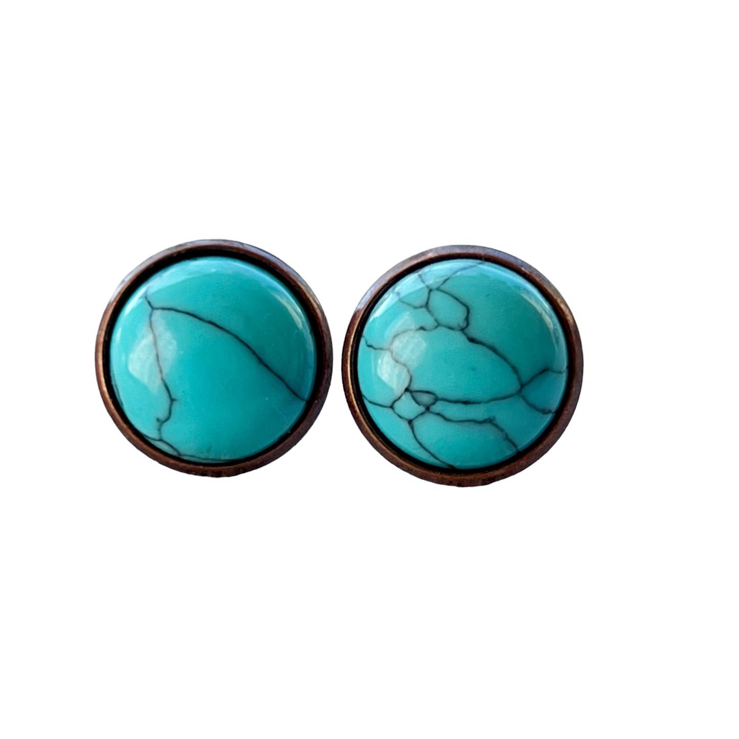 Round turquoise copper stud earrings displayed on a white background