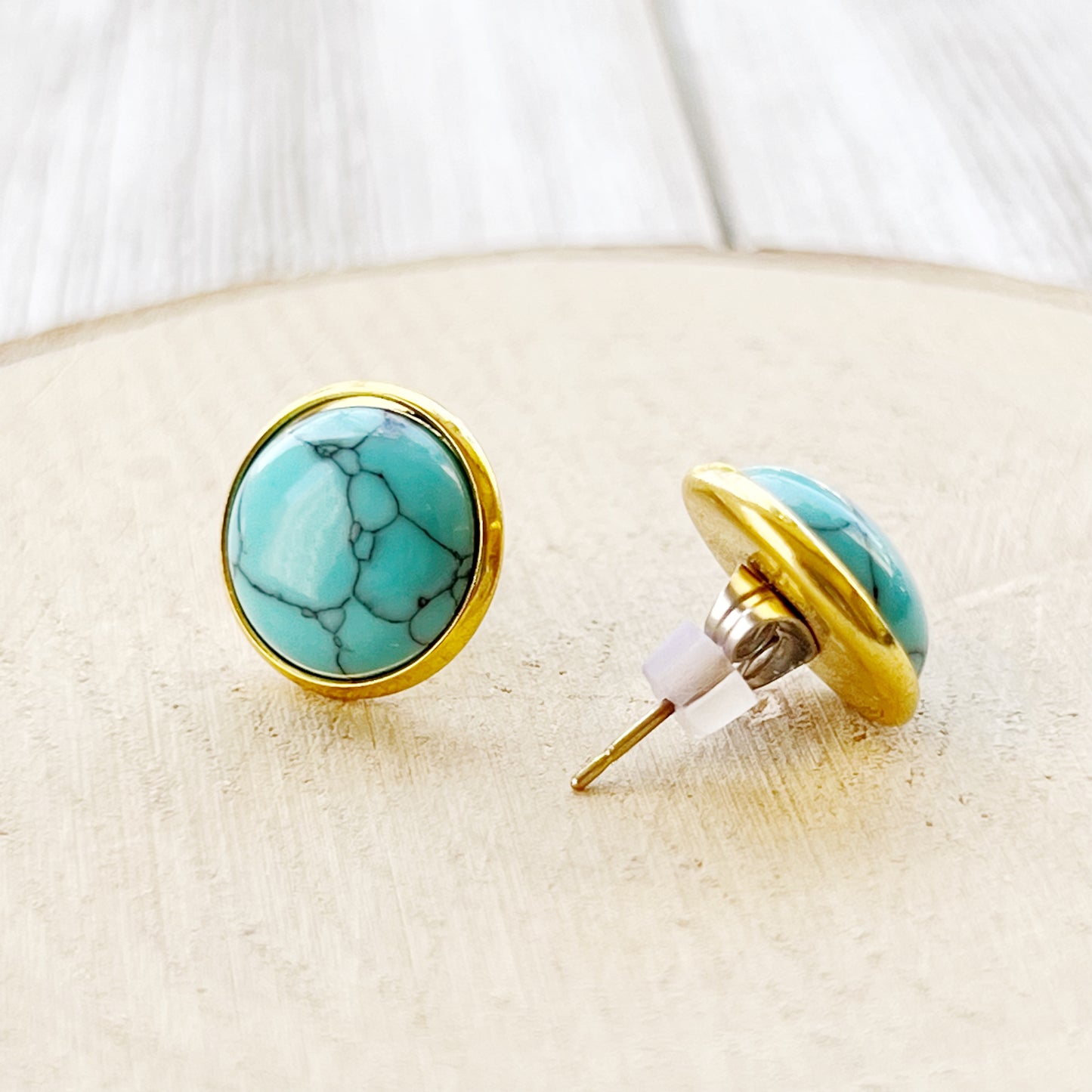 Round turquoise gold stud earrings backside view