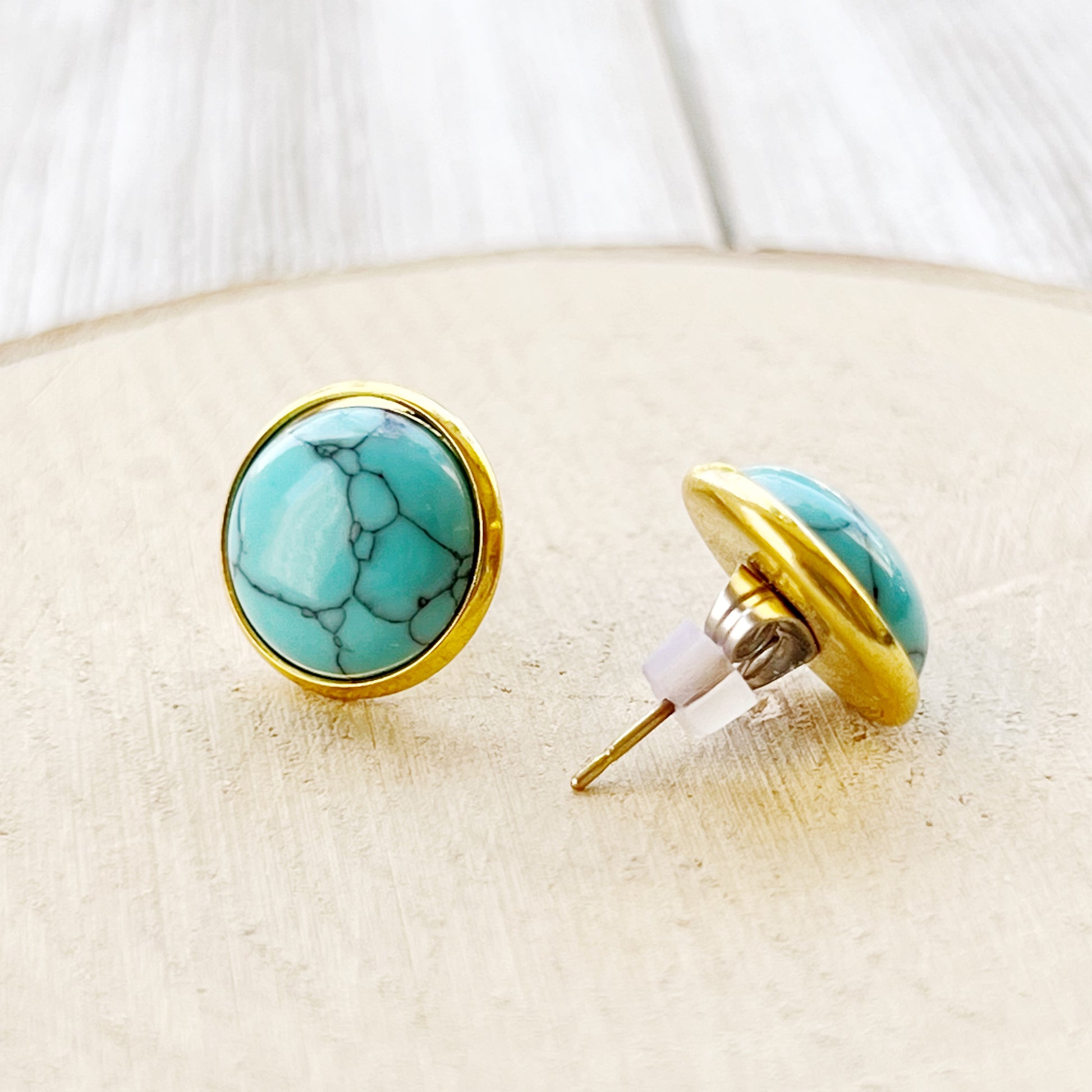 Round turquoise gold stud earrings backside view