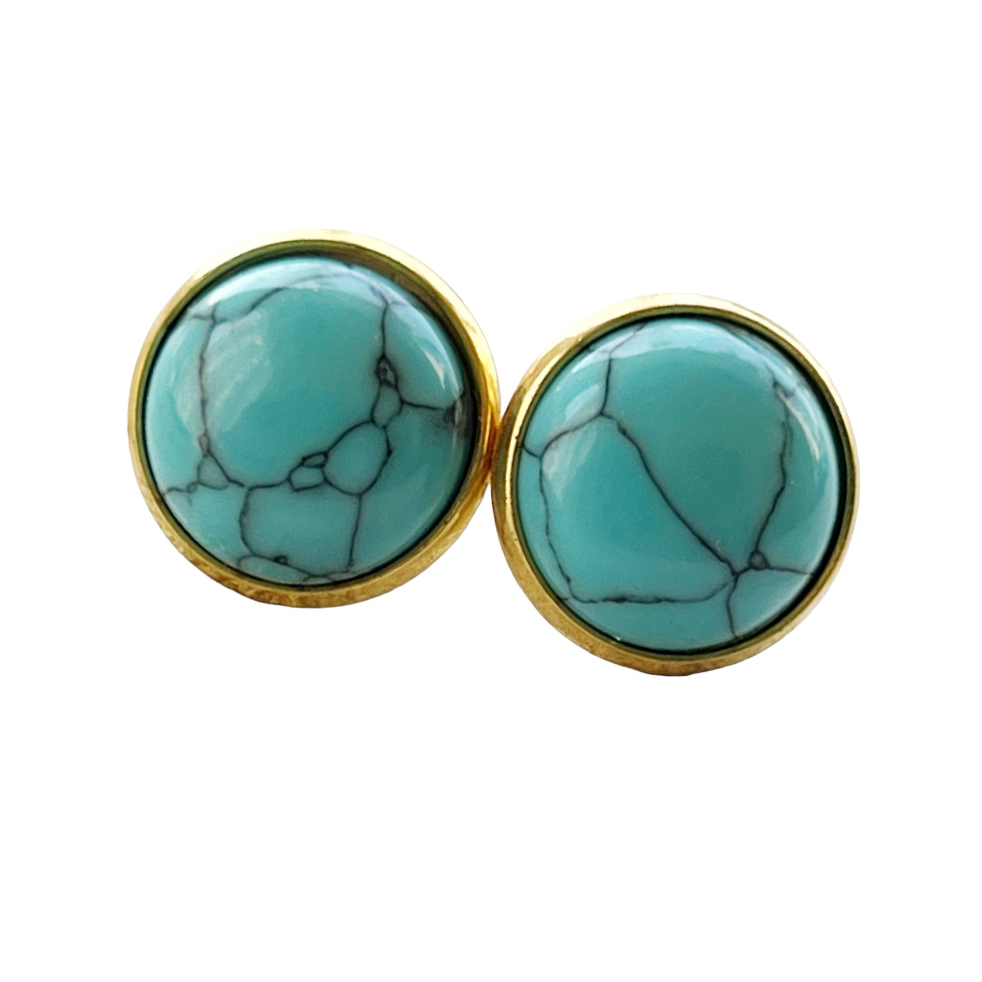 Round turquoise gold stud earrings displayed on a white background