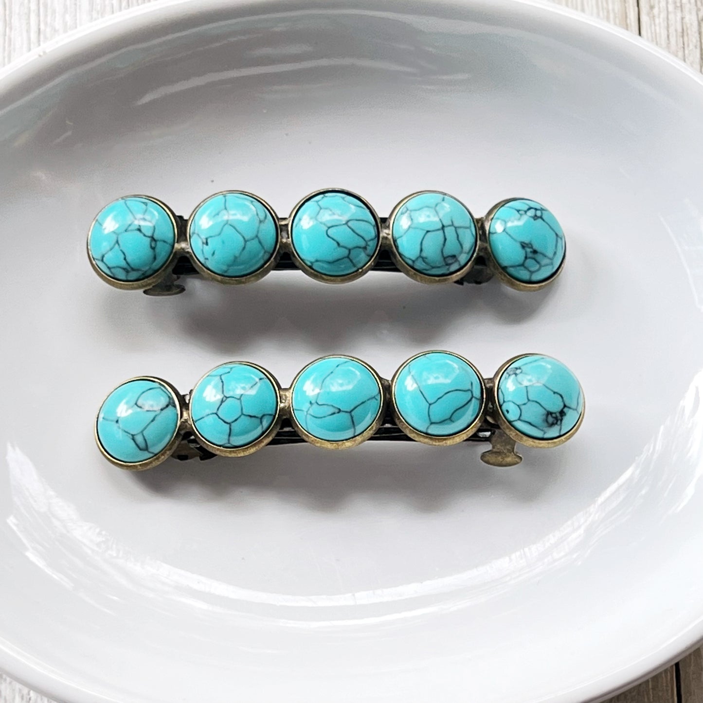 Turquoise Hair Barrettes - on white tray