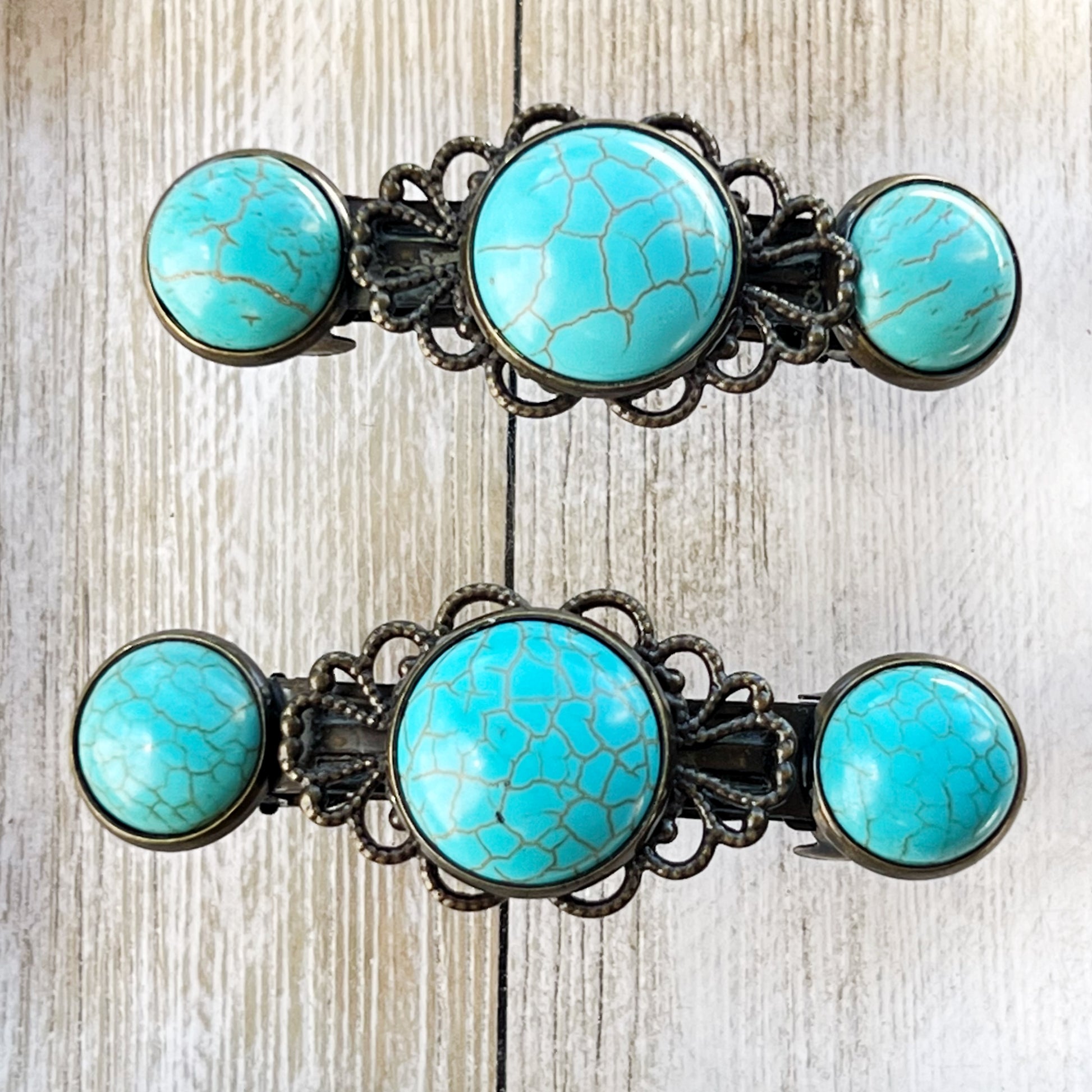 Turquoise Stone Hair Barrettes – Vintage-Inspired on wood background 