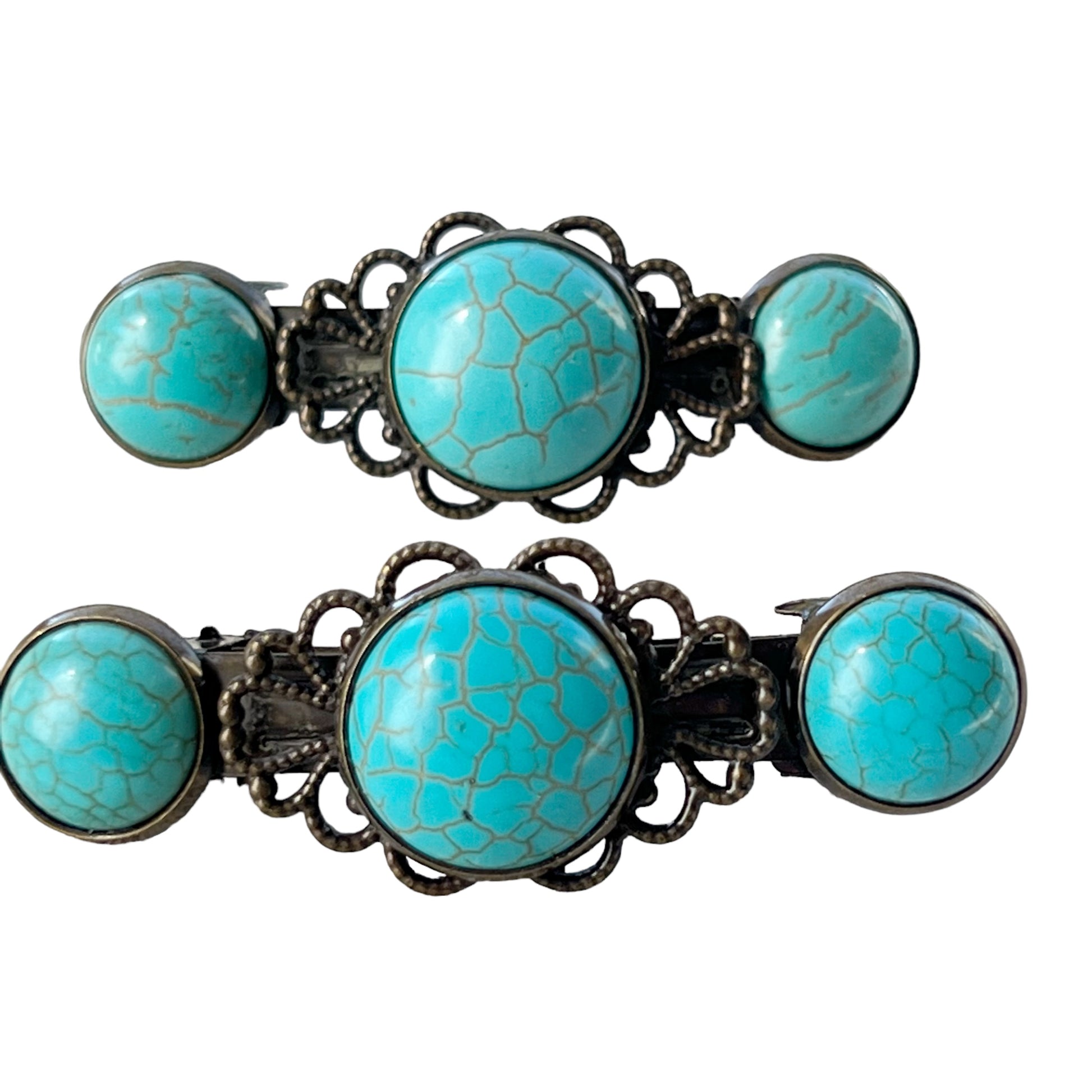 Turquoise Stone Hair Barrettes – Vintage-Inspired Boho Hair Clip Set - on white background 