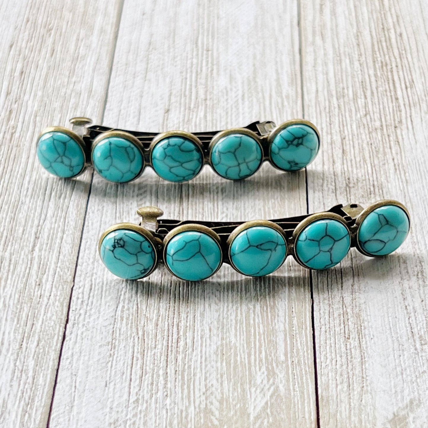 Western Turquoise Hair Barrettes - on wood