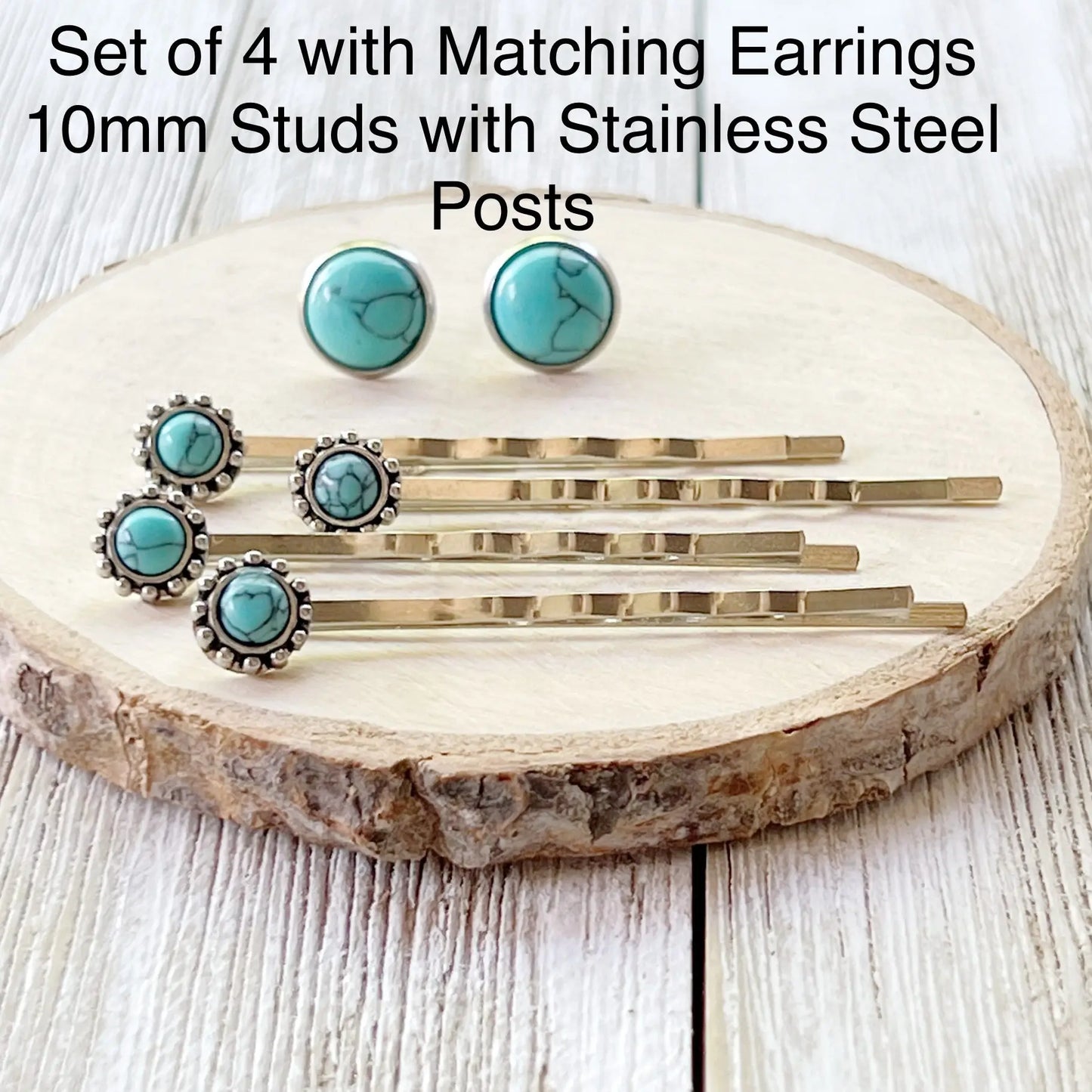 Western Turquoise Hair Pins with Matching 10mm Earrings - on wood display 