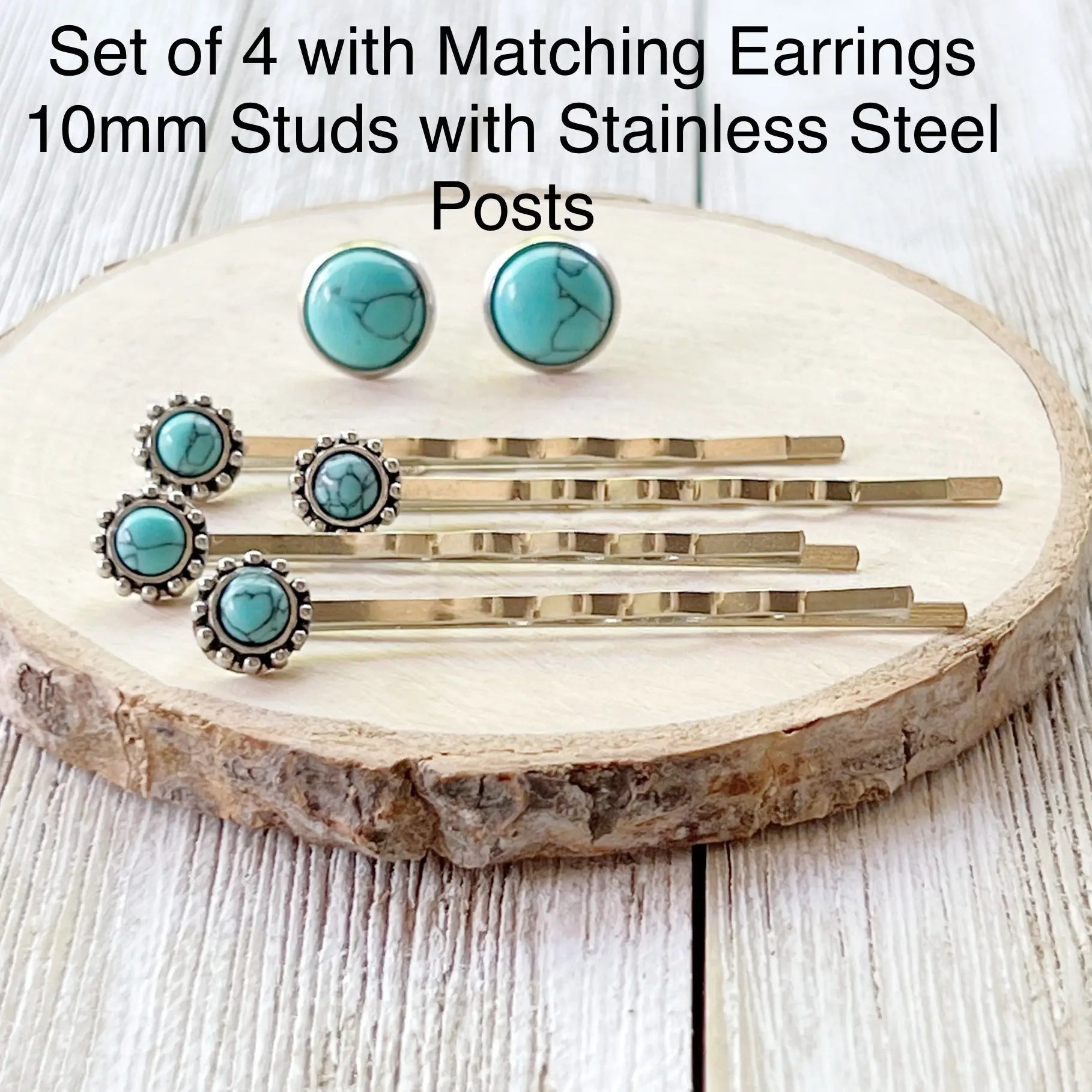 Western Turquoise Hair Pins with Matching 10mm Earrings - on wood display 