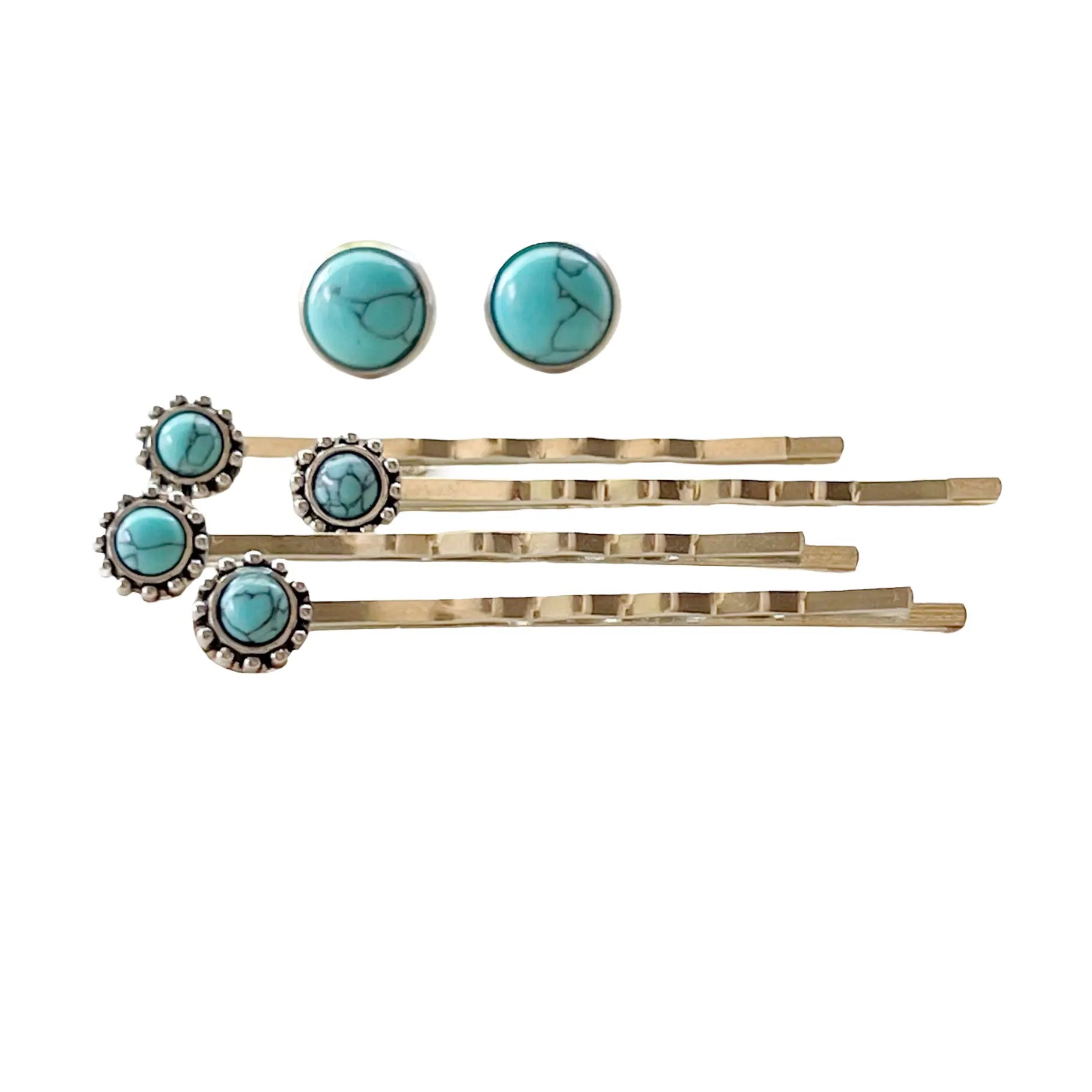 Western Turquoise Hair Pins with 10mm Earrings - on white background 