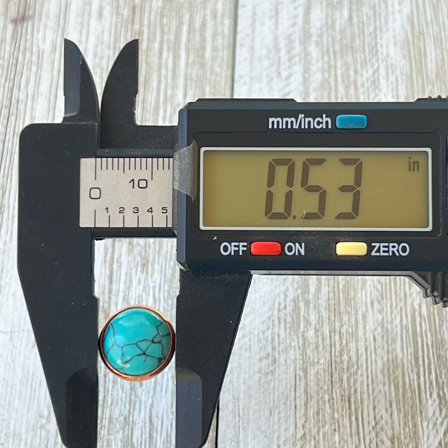 Round turquoise rose gold stud earrings with measurements in inches 