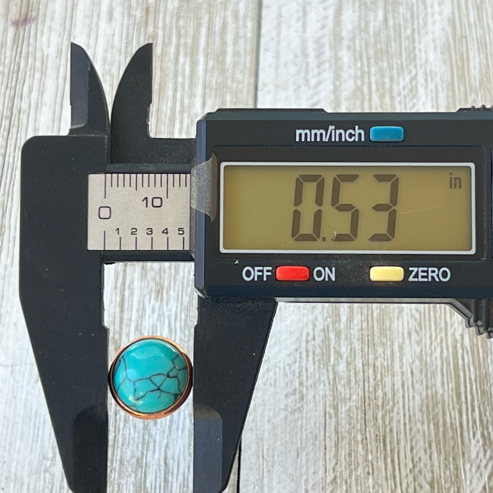 Round turquoise rose gold stud earrings with measurements in inches 