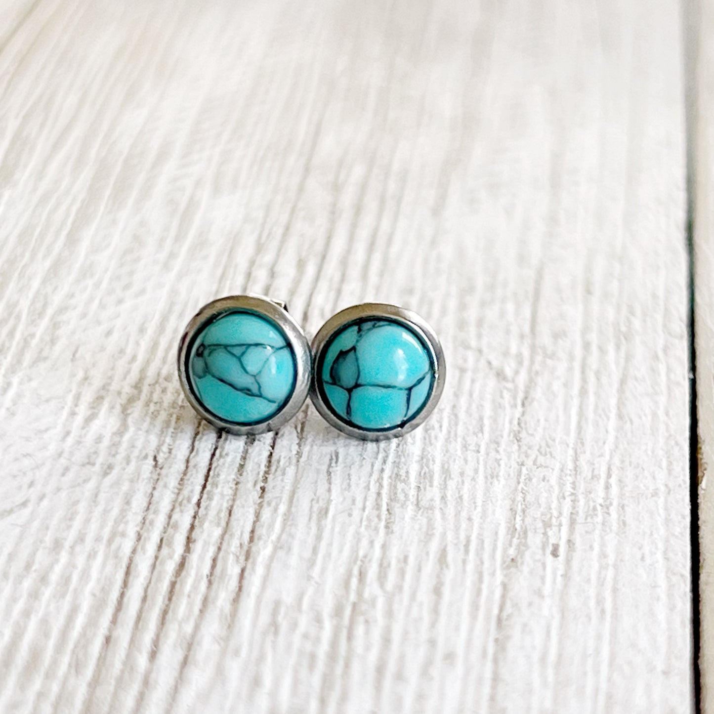 Turquoise Stud Earrings – 6mm Round Silver Western Jewelry -close up view