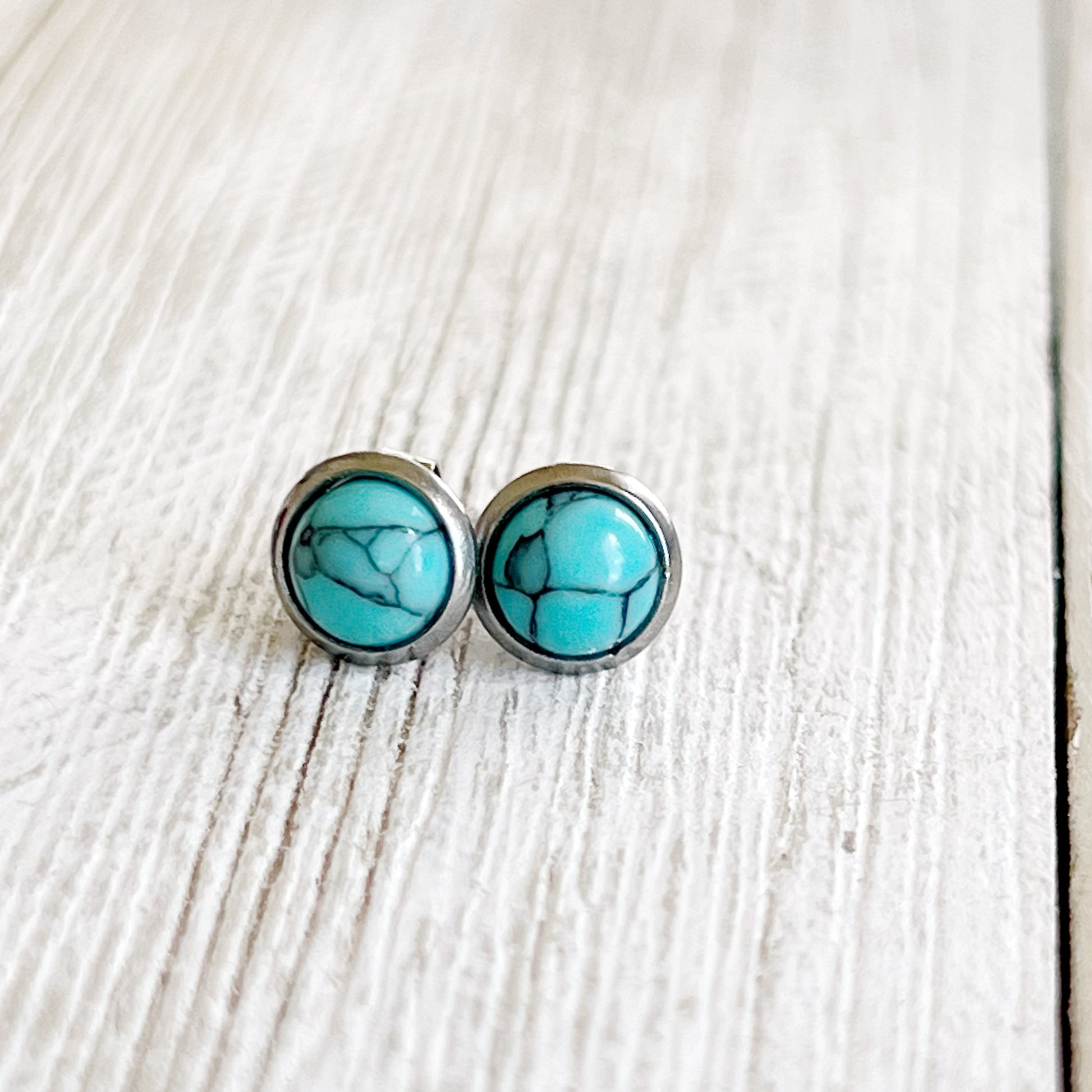 Turquoise Stud Earrings – 6mm Round Silver Western Jewelry -close up view