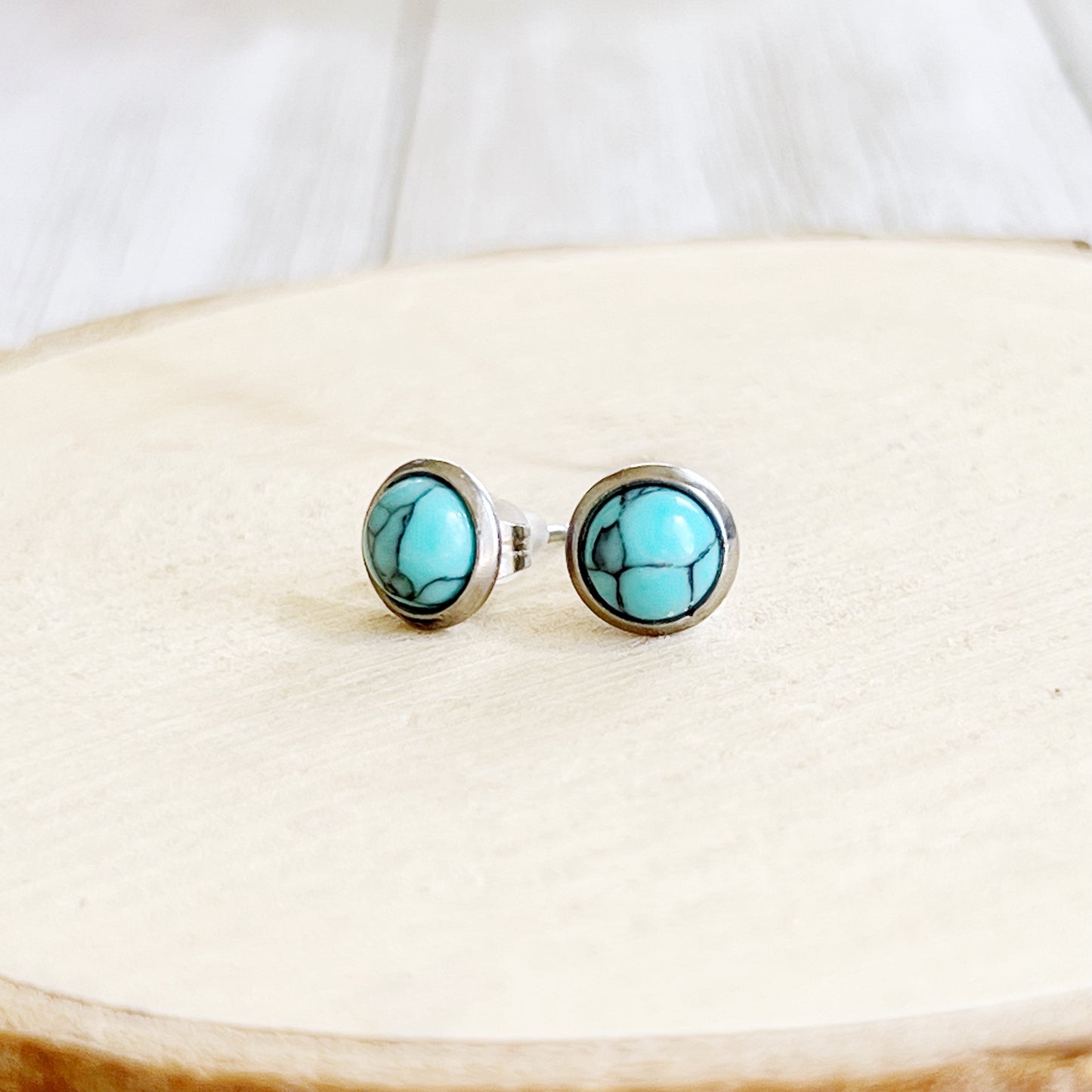 Turquoise Stud Earrings – 6mm Round Silver Boho Western Jewelry -Side View 