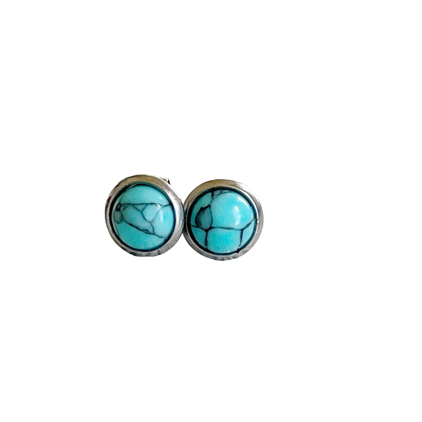 Turquoise Stud Earrings – 6mm Round Silver Boho Western Jewelry on white background 