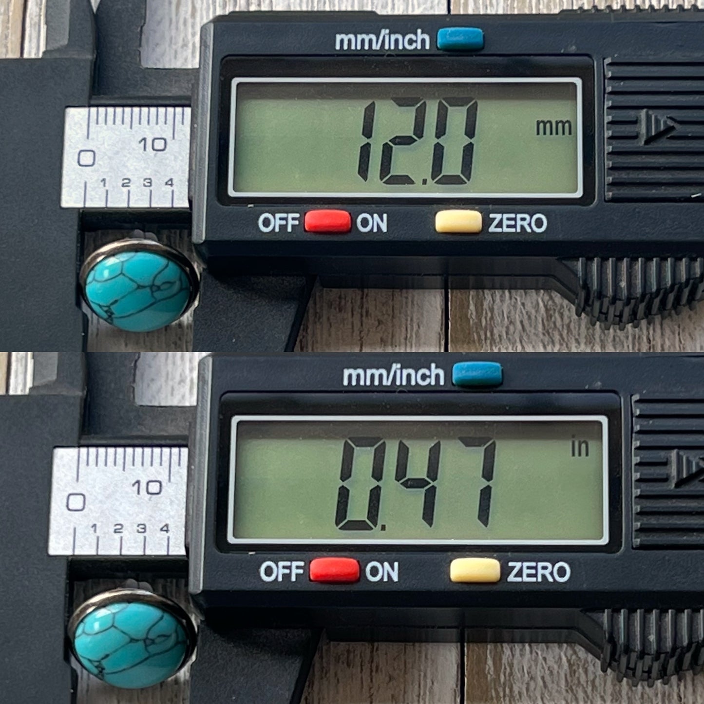 Turquoise 12mm Stud Earrings with digital measurements 