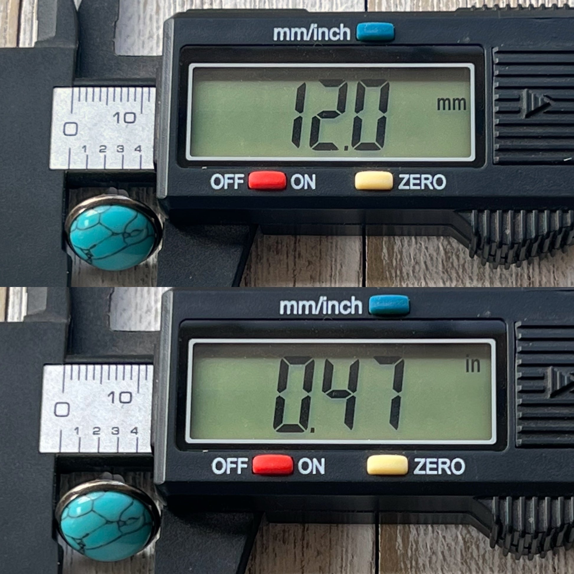 Turquoise 12mm Stud Earrings with digital measurements 