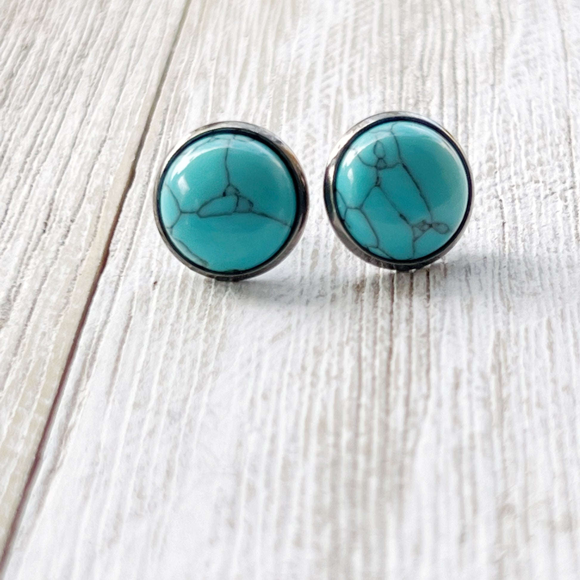 Boho Cowgirl Turquoise 12mm Stud Earrings- on wood display 