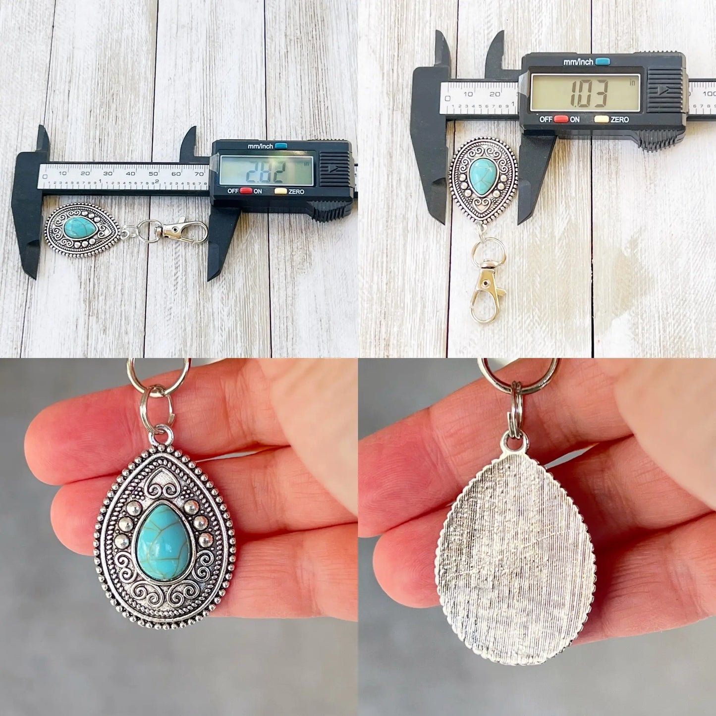 Turquoise Western Zipper Pull Handbag Keychain Charm - collage of measurements and front and back views 
