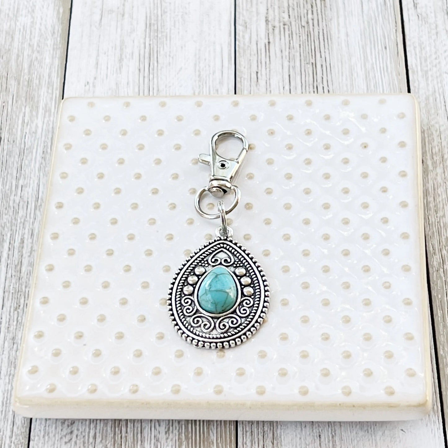 Turquoise Western Zipper Pull Handbag Keychain Charm - top depth view