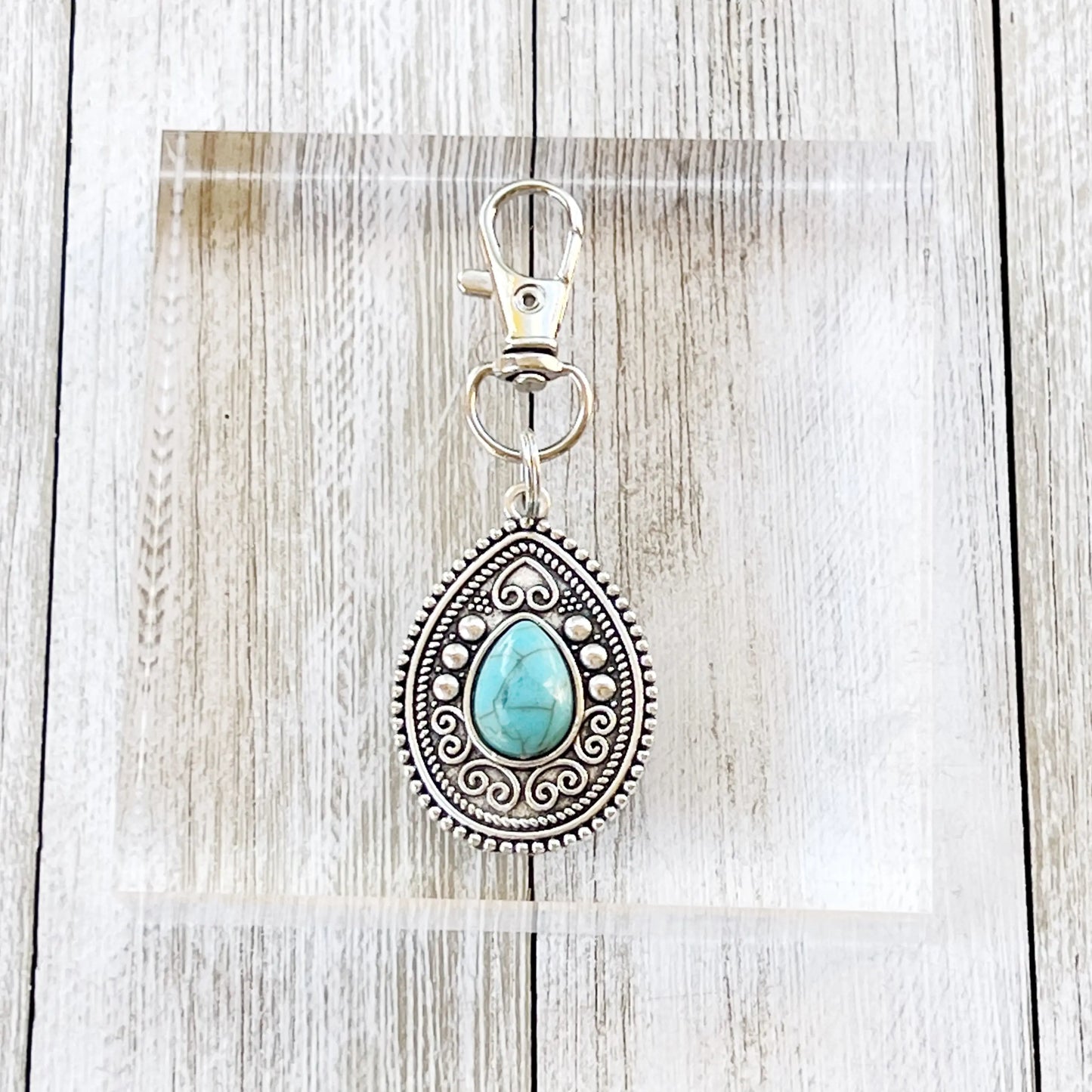 Turquoise Western Zipper Pull Handbag Keychain Charm - top view