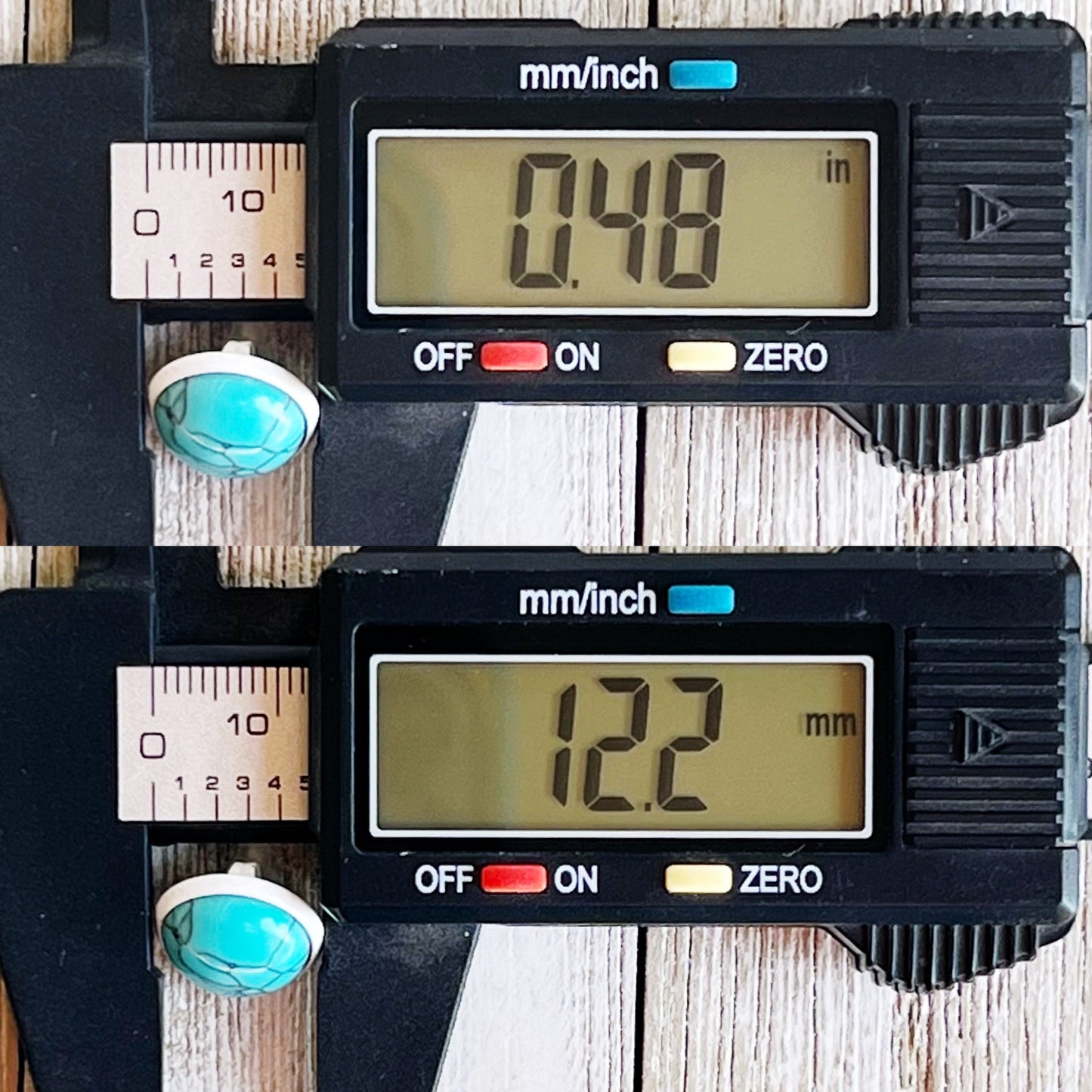 Turquoise 12mm White Stud Earrings with digital measurements 