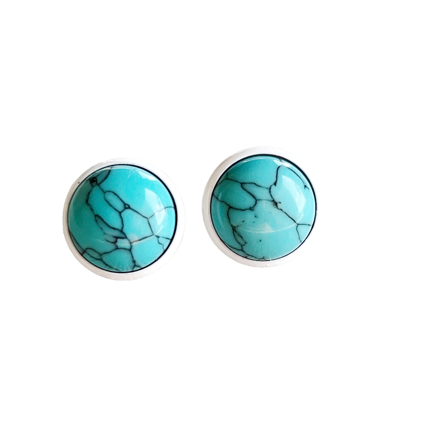 Round turquoise white stud earrings displayed on a white background