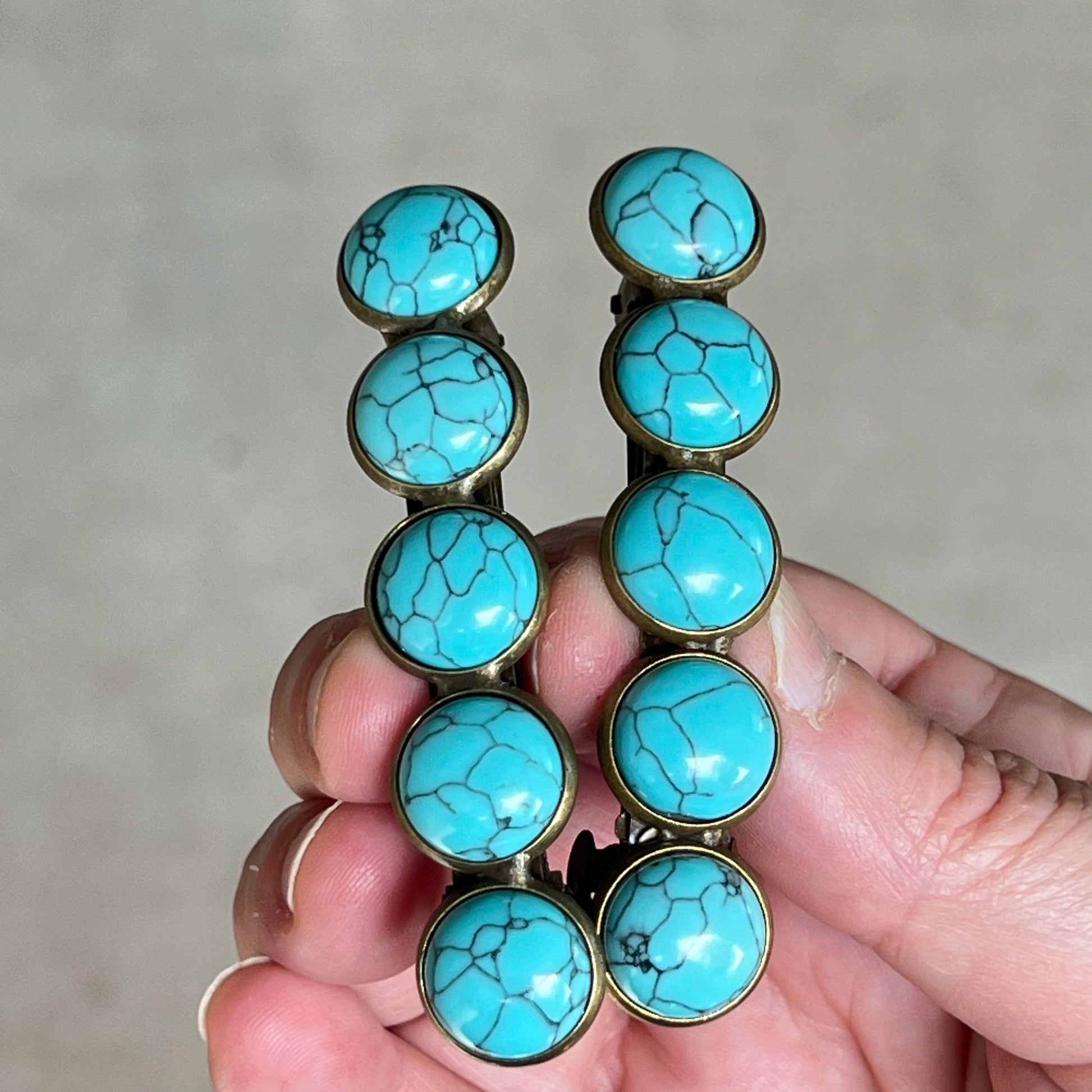 Turquoise Hair Barrettes - in hand for sizing scale