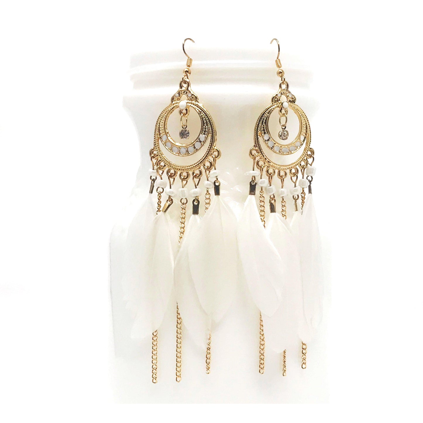 White Feather Dangle Earrings – Boho Chic Chain Jewelry
