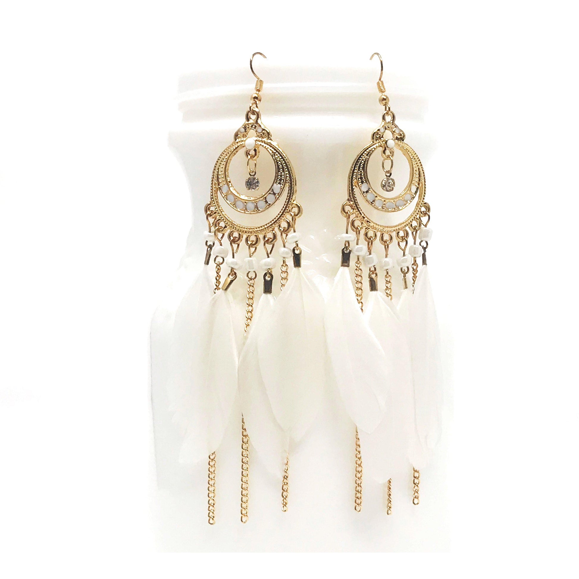 White Feather Dangle Earrings – Boho Chic Chain Jewelry