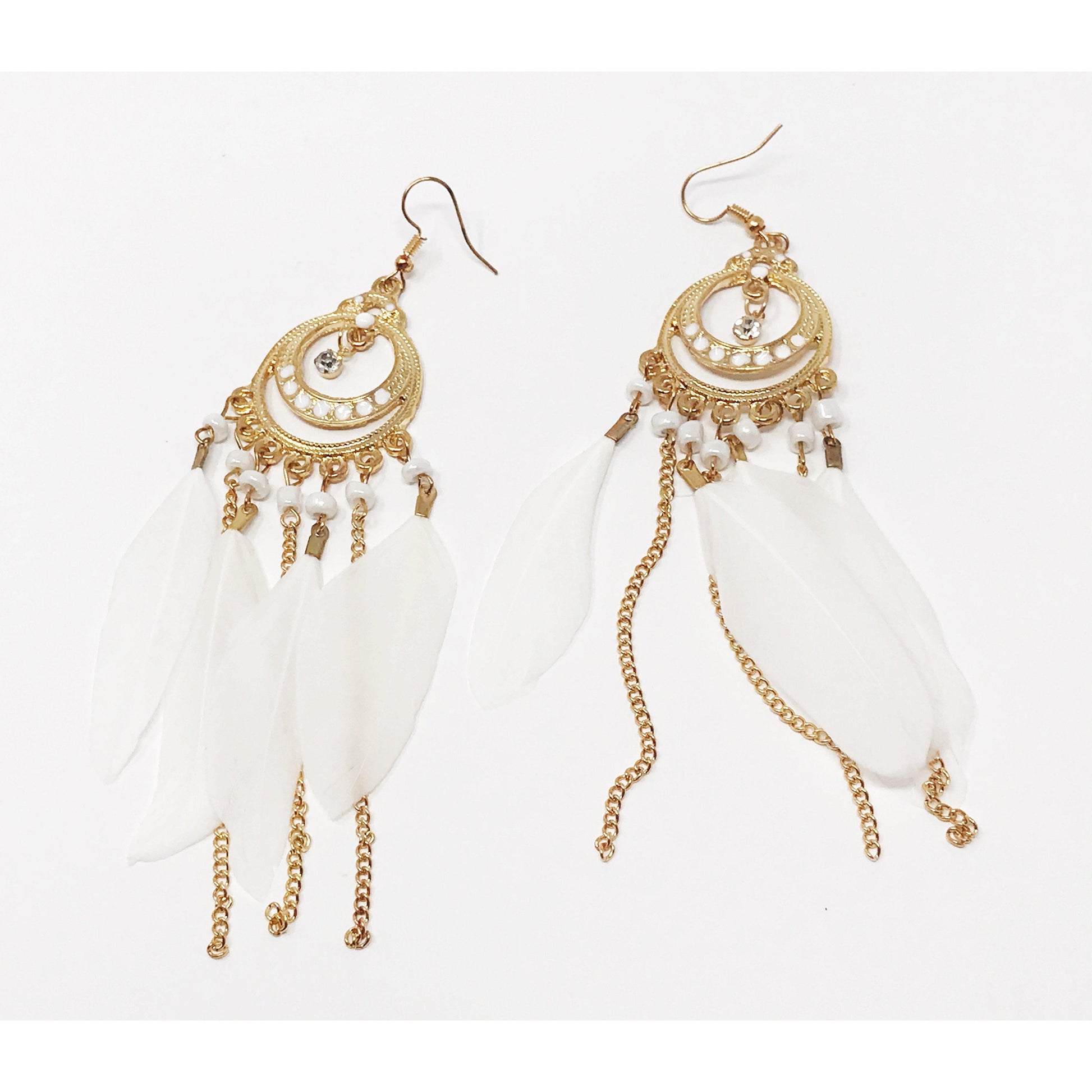 White Feather Dangle Earrings – Boho Chic Chain Jewelry