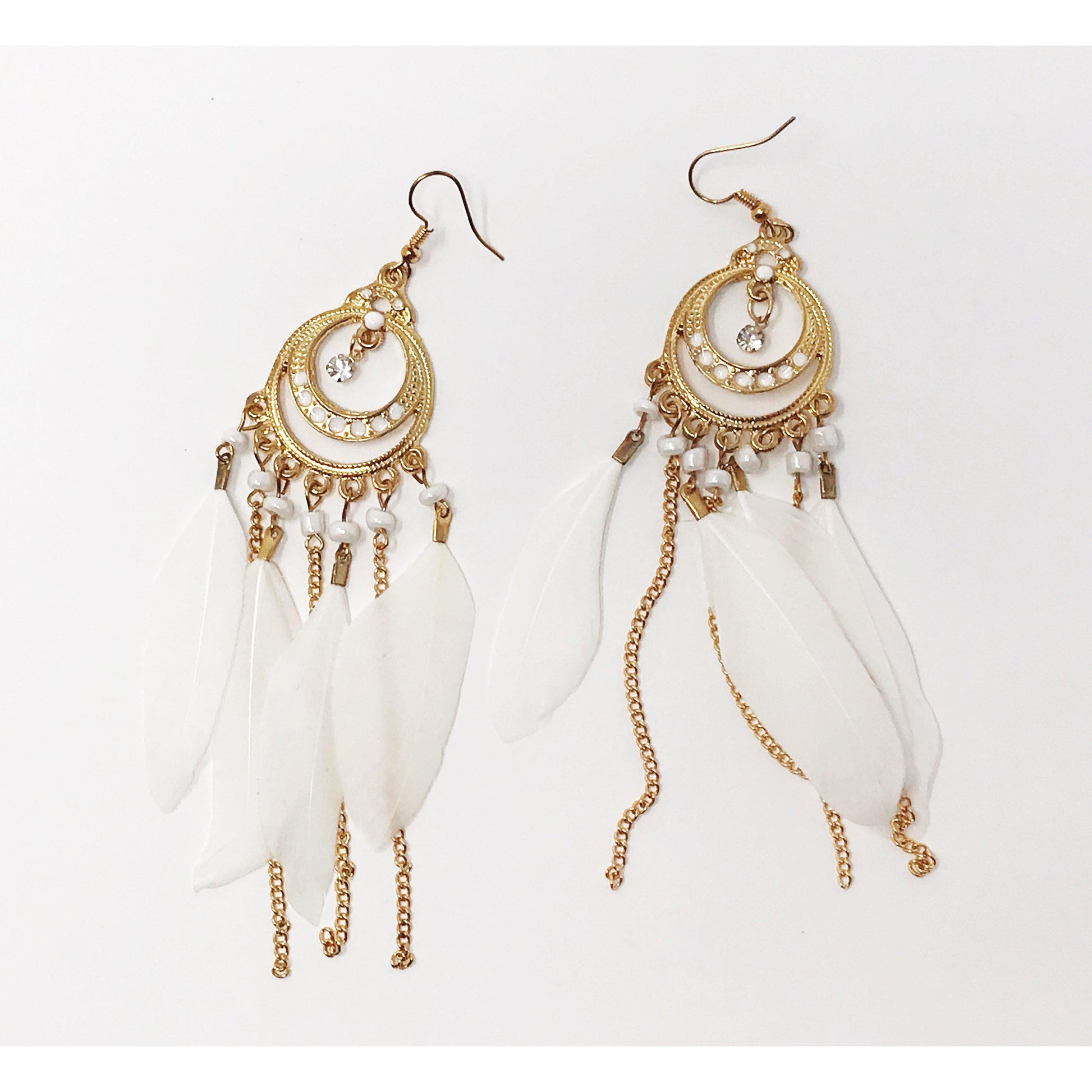 White Feather Dangle Earrings – Boho Chic Chain Jewelry