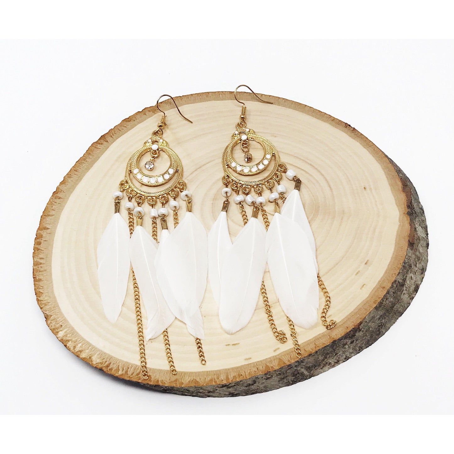 White Feather Dangle Earrings – Boho Chic Chain Jewelry
