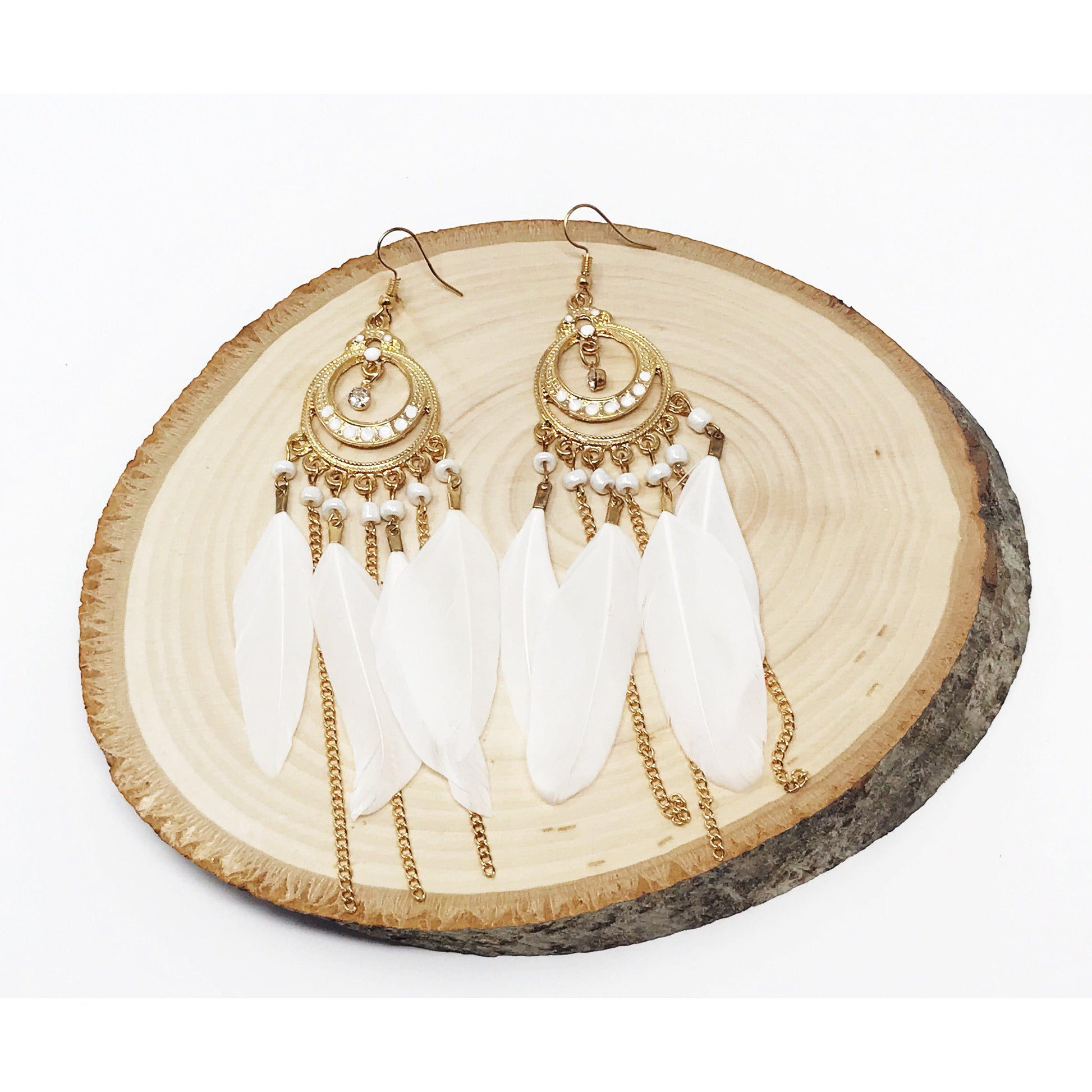 White Feather Dangle Earrings – Boho Chic Chain Jewelry